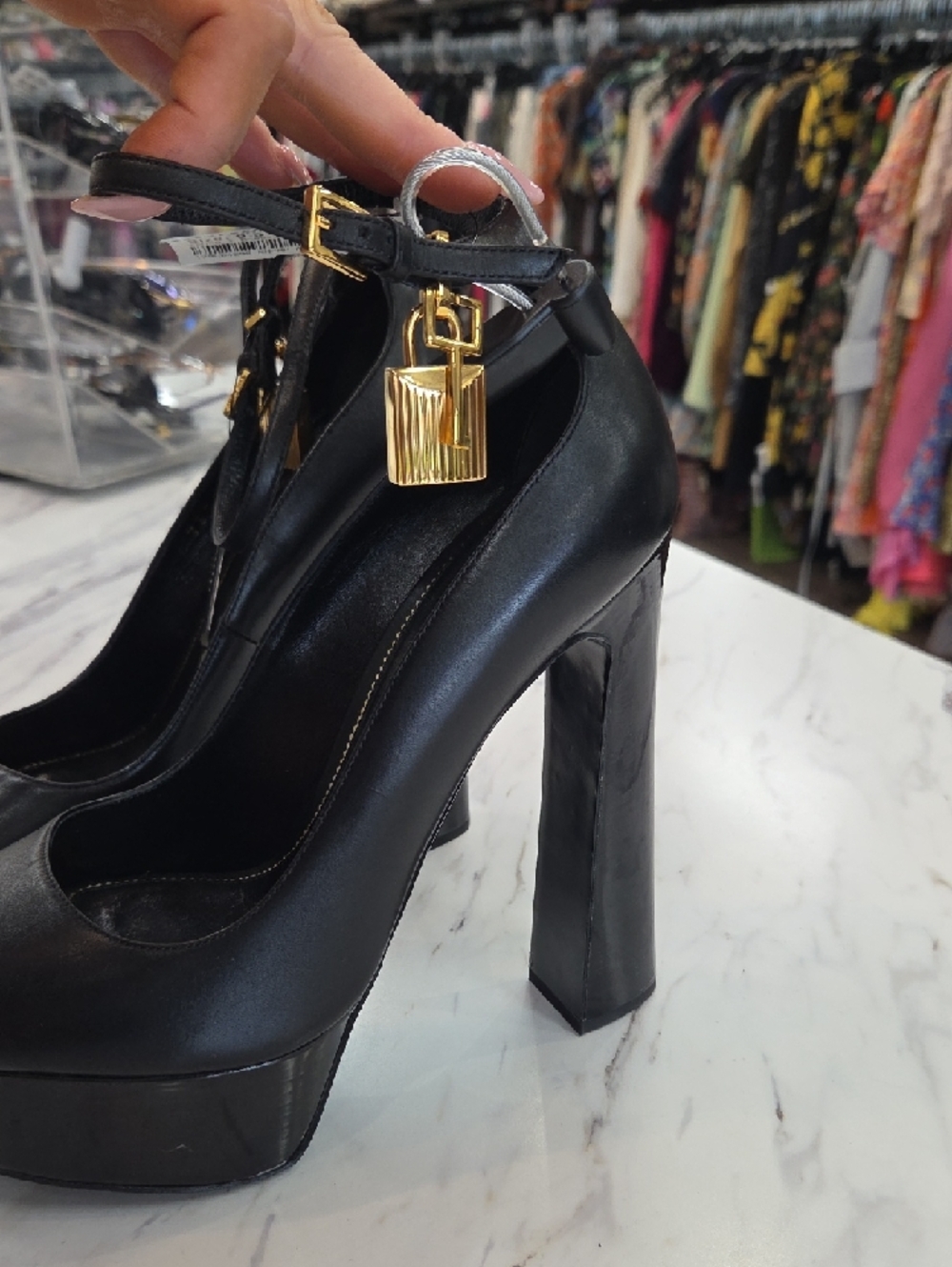 Tom Ford Black Leather Platform Peep-Toe Heels with Gold Buckle - Picture 3 of 11